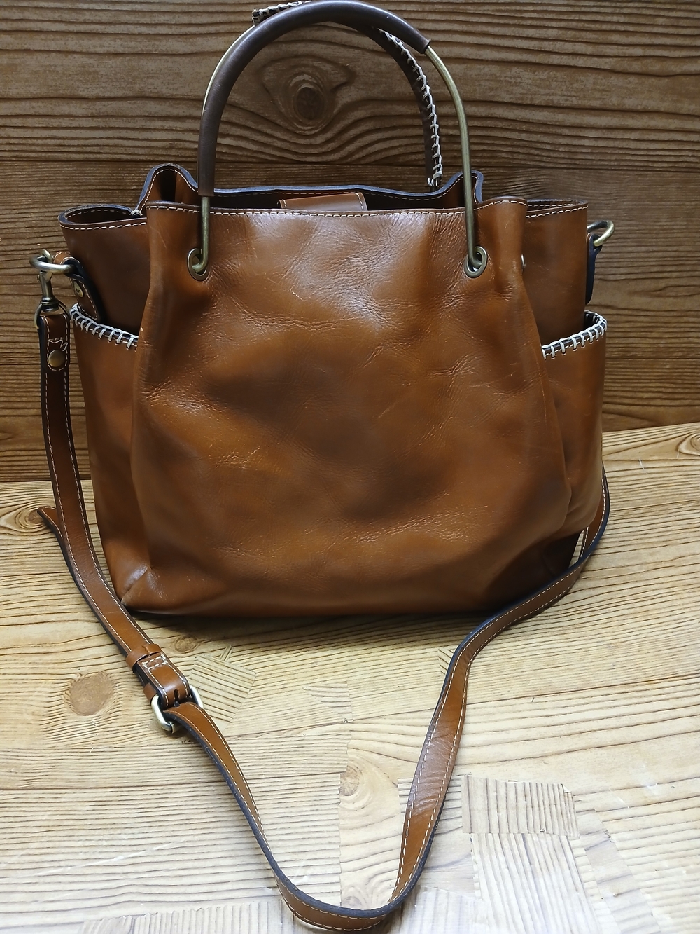 Patricia Nash Cognac Brown Leather Shoulder Tote with Top Handles